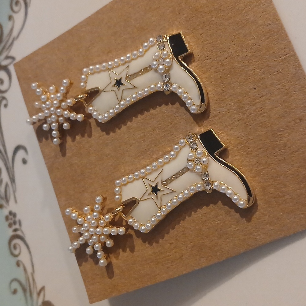 Pearl-Embellished White Cowboy Boot Drop Earrings